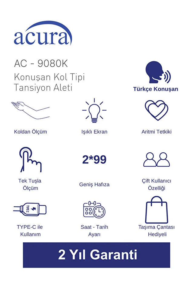 Acura AC-9080K Türkçe Konuşan Koldan Tam Otomatik Tansiyon Aleti Çanta Hediyeli